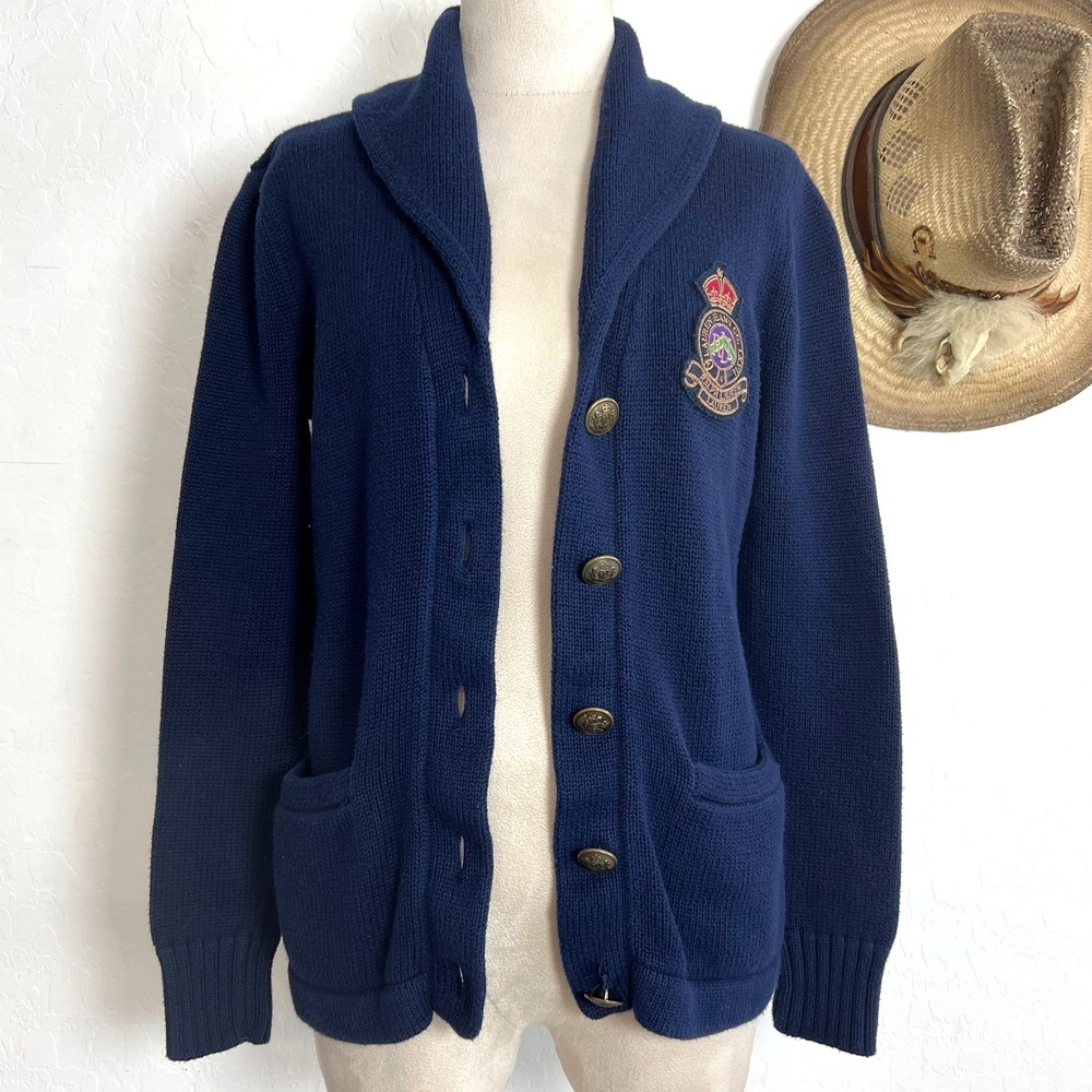 Lauren Jeans Co Ralph Lauren Crest Cardigan Sweater Navy Blue Shawl Collar PS